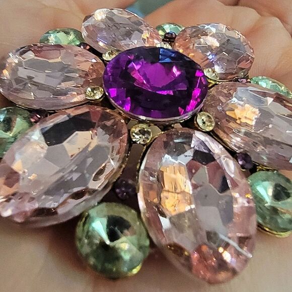 #Vintage Statement 2" Round #Brooch Deep Fuchsia Pink Lime Green Open Bck Flower - Picture 4 of 6